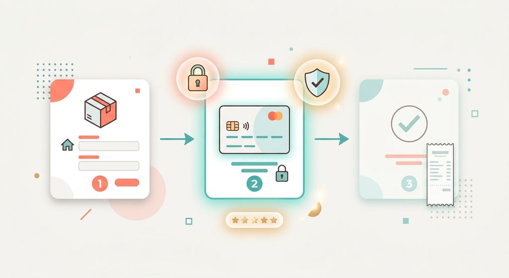 Illustration of a three-step checkout flow: shipping details, secure payment with trust badges, then order confirmation