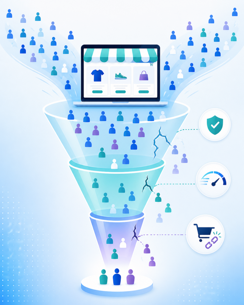 Illustration of a sales funnel showing visitors narrowing to fewer buyers, with drop-off points linked to security, speed, and cart/checkout issues