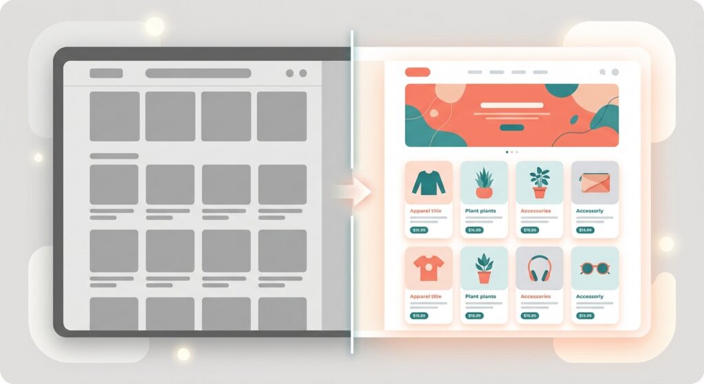 Wireframe website transforming into a colorful online store layout