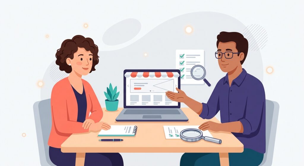 Two people review a website and checklist, symbolizing digital quality assurance