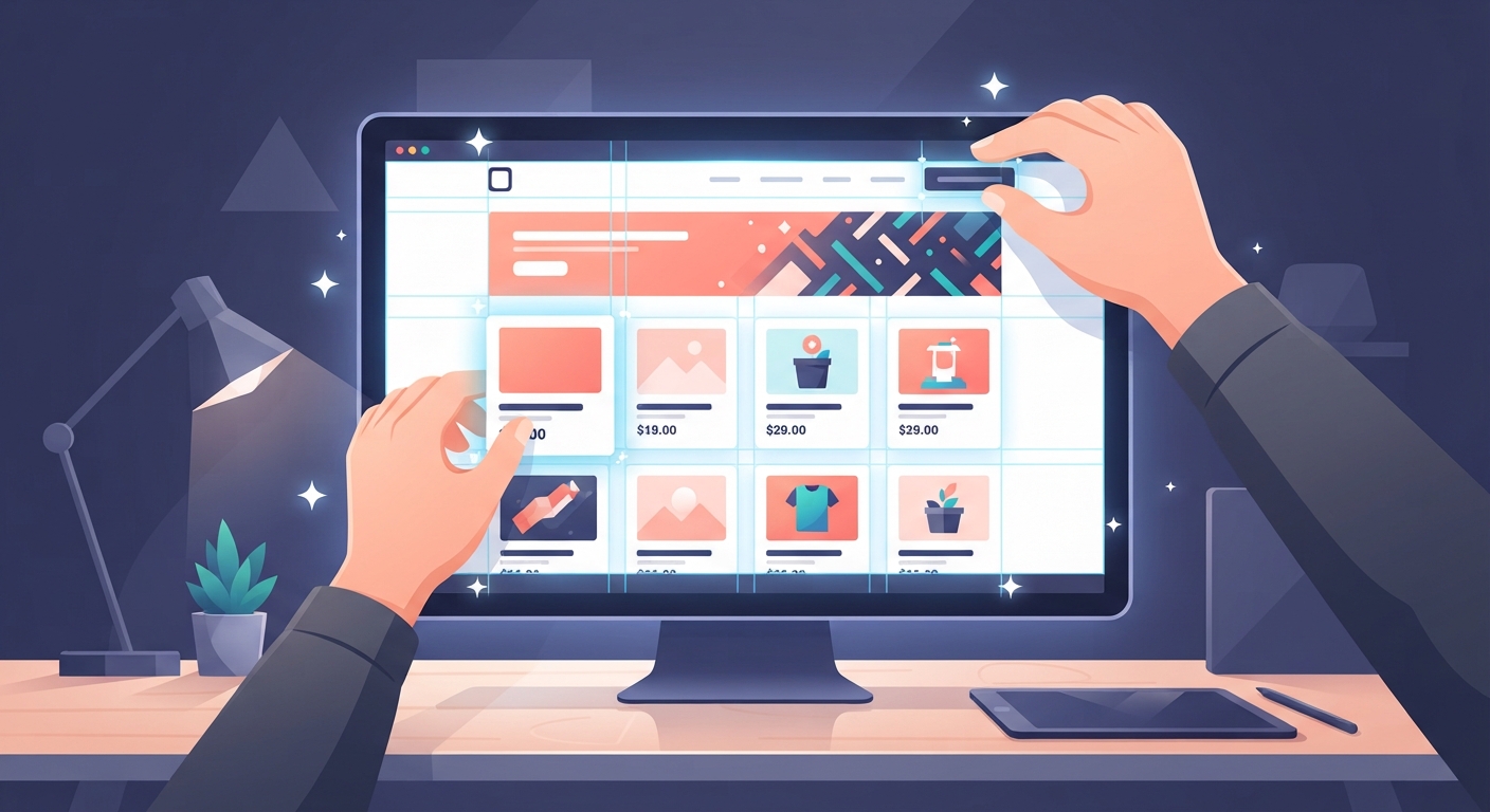 Two hands interact with an online shopping website displaying product listings and prices