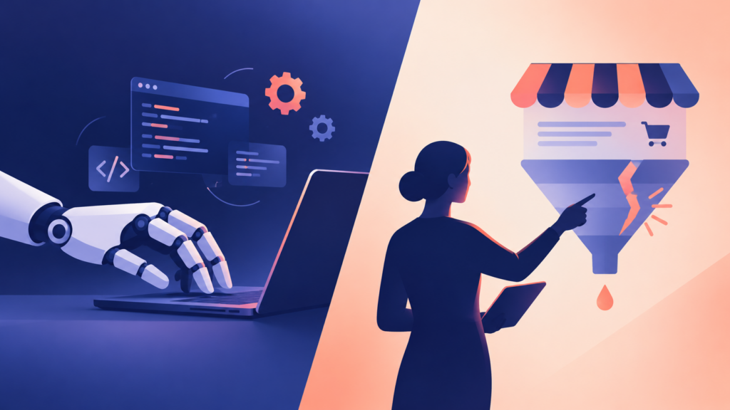 Illustration contrasting AI automation coding on a laptop with a person pointing at a cracked sales funnel leaking customers from an online store