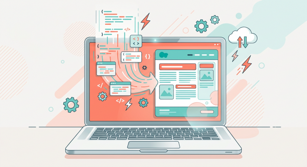 Illustration of code snippets transforming into a finished webpage on a laptop screen, with cloud and gear icons symbolizing web development