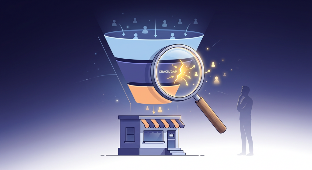 Illustration of a sales funnel with a crack labeled "crack/gap" where customer figures leak out before reaching a storefront, examined by a magnifying glass as a person watches